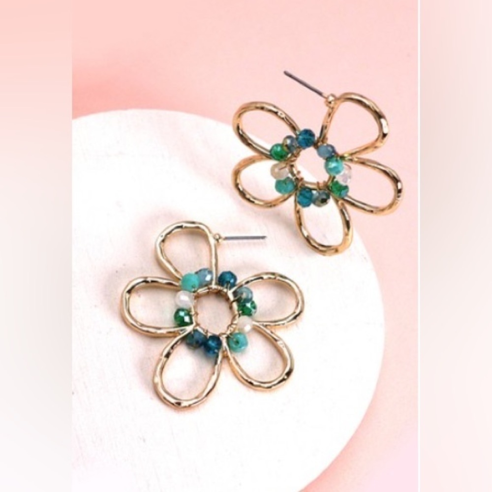 Gold Floral Earrings with Green Accents